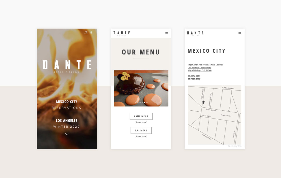 Diseño web de DANTE Brasa y Fuego, por Graycat Design Studio